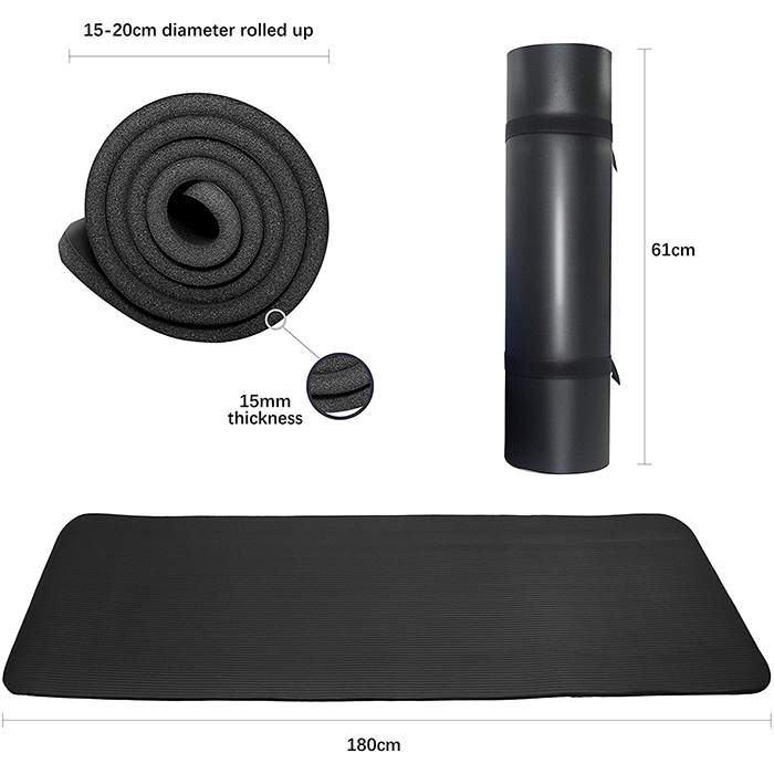 PROIRON 15mm High Density Exercise Mat with Carrying Strap - Black
