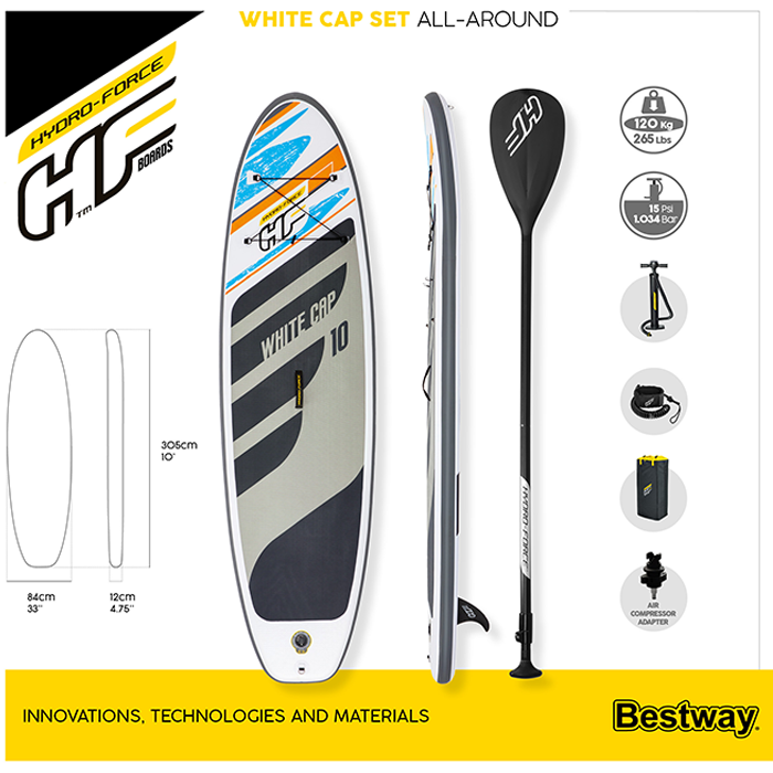 Bestway 10ft" Hydro-Force White Cap Inflatable Paddle Board SUP Set