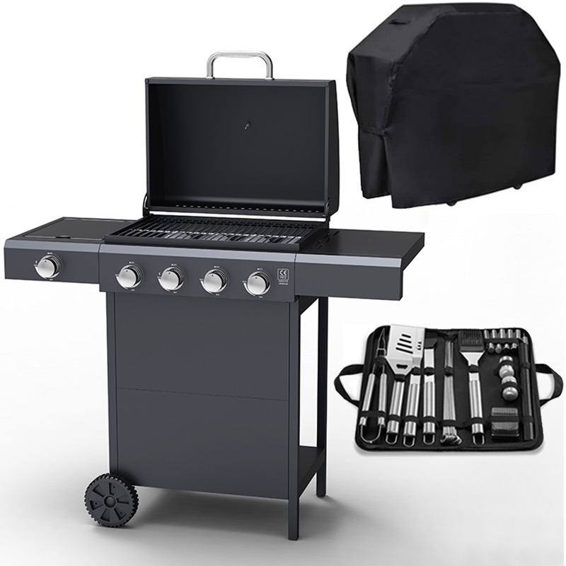 Embermann Grill Master 4 Burner Barbecue with Side Burner Free Heavy-Duty Cover & Deluxe BBQ Tool Set