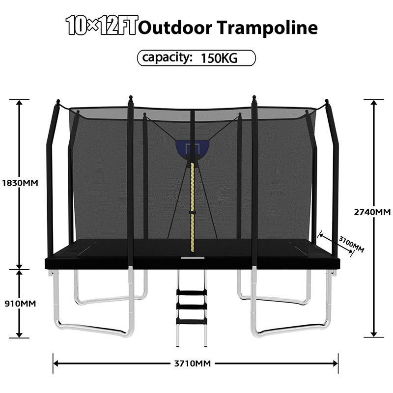 10x12ft Rectangular Trampoline with Safety Enclosure Black FREE Ladder & Basketball Game