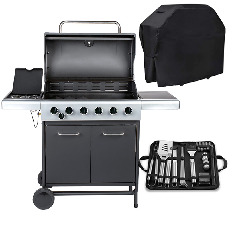 Embermann Prestige 6 Burner Gas Barbecue with Side Burner, Free Heavy-Duty Cover & Deluxe BBQ Tool Set