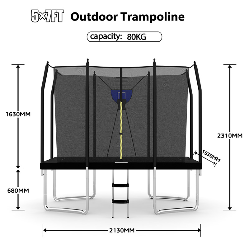 5x7ft Rectangular Trampoline with Safety Enclosure Grey FREE Ladder & Basketball Game