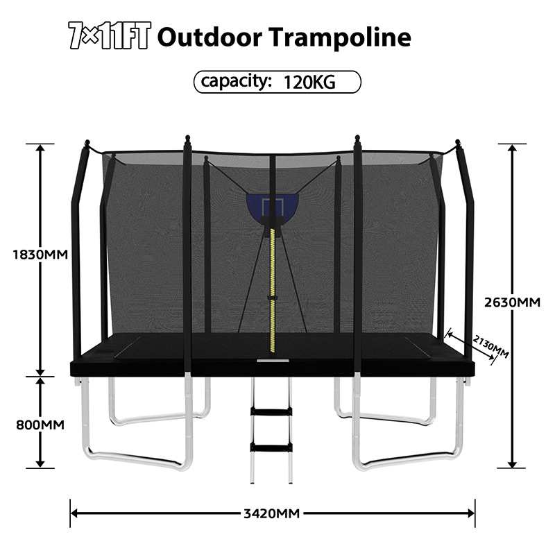 7x11ft Rectangular Trampoline with Safety Enclosure Grey FREE Ladder & Basketball Game
